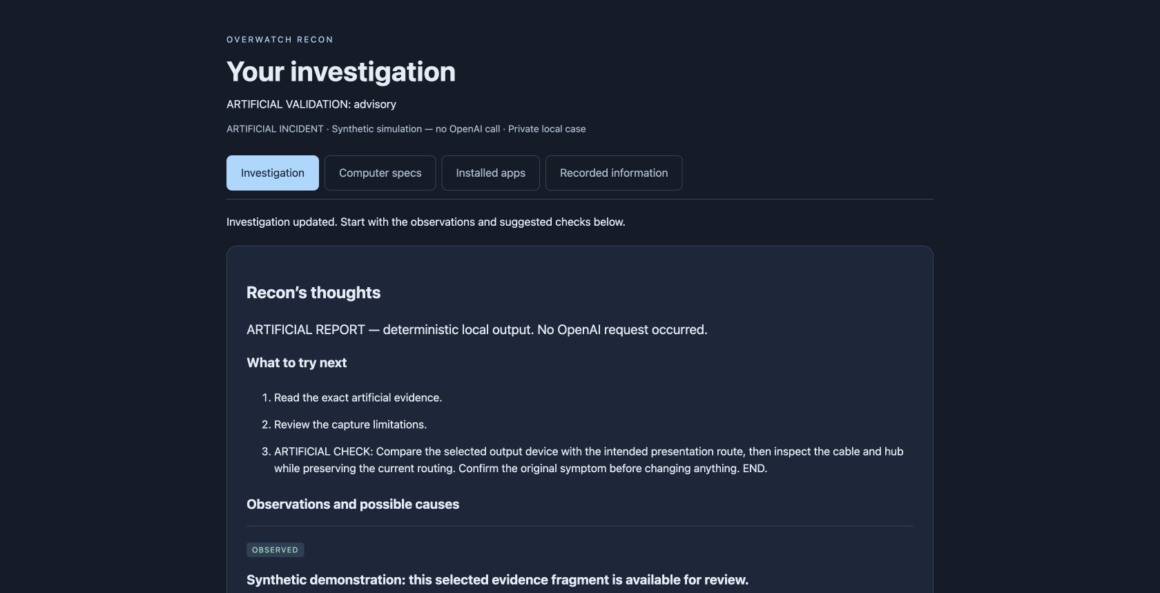 Recon report using artificial data, with four investigation tabs and a numbered list of next steps.